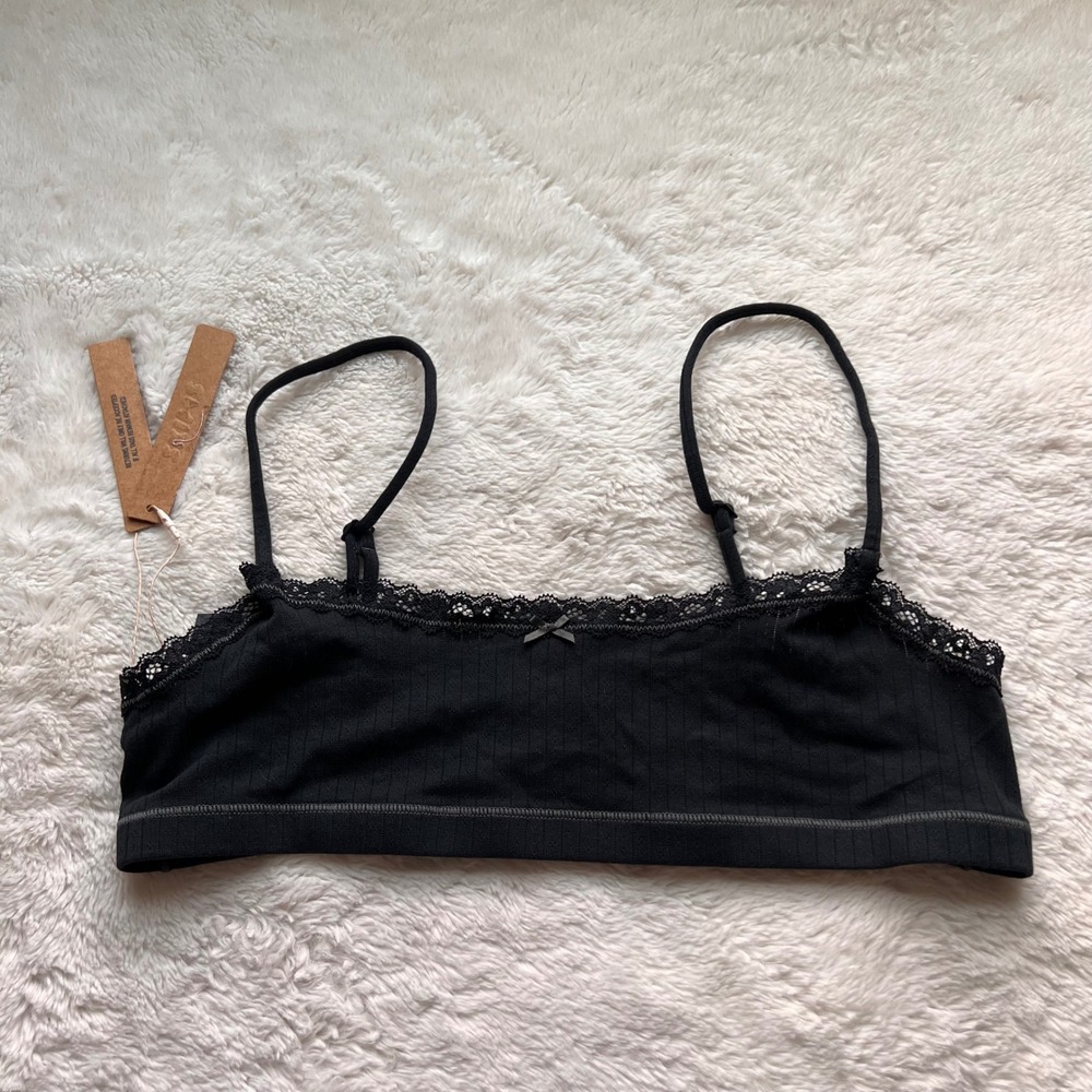 Skims Lightweight Cotton Pointelle Scoop Bralette Soot Black L BR-BRL-11251W NWT